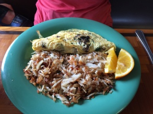Mushroom, Swiss, and spinach omelet with hash browns